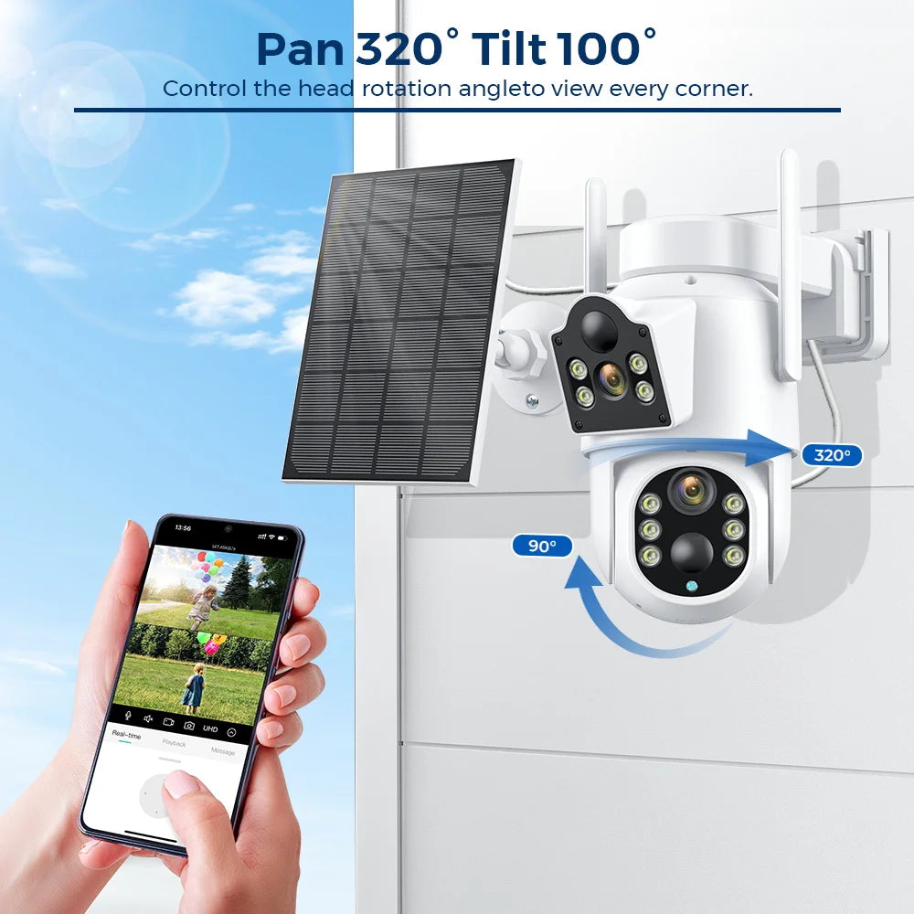 Cámara solar WiFi 4K HD para exteriores con batería integrada y doble lente. Cámara de seguridad 2K con panel solar y sistema de videovigilancia inalámbrico CCTV iCSee.