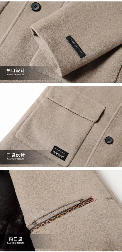 2024 Winter New Men's Hoodie Medium Long Woolen Coat Rabbit Plush Thick Warm Casual Coat High end Fabric 100% Pure Wool
