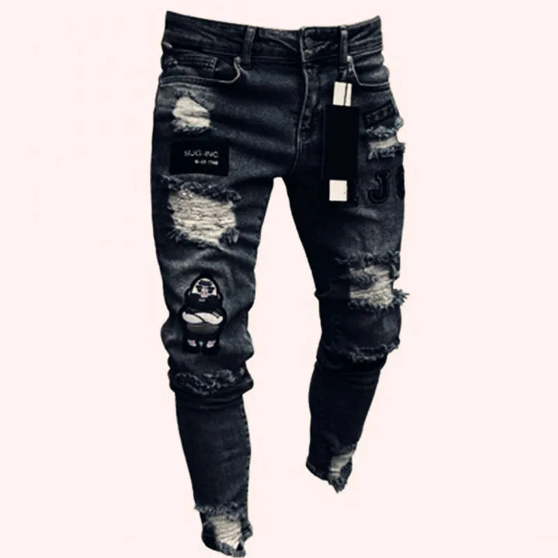 Pantalones vaqueros negros de hombre, corte ajustado, color gris, estilo casual, ajustados, estilo hip hop, urbano, de algodón.