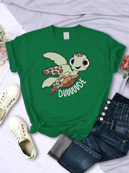 Camisetas sencillas para mujer, con estampado de letras de tortuga de dibujos animados, camisetas cómodas y suaves con cuello redondo, ropa informal de verano para mujer