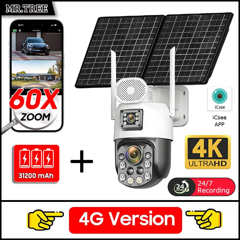 Cámara de seguridad exterior solar 4K con SIM 4G, 2 lentes/pantalla, zoom óptico 60x, seguimiento automático, PTZ 360°, videovigilancia doméstica IP.