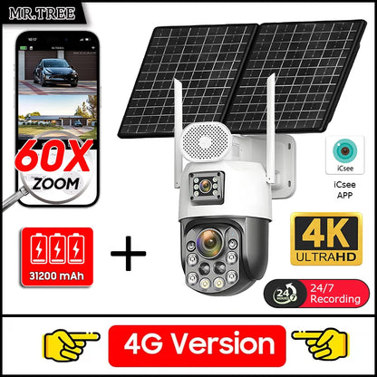 Cámara de seguridad exterior solar 4K con SIM 4G, 2 lentes/pantalla, zoom óptico 60x, seguimiento automático, PTZ 360°, videovigilancia doméstica IP.