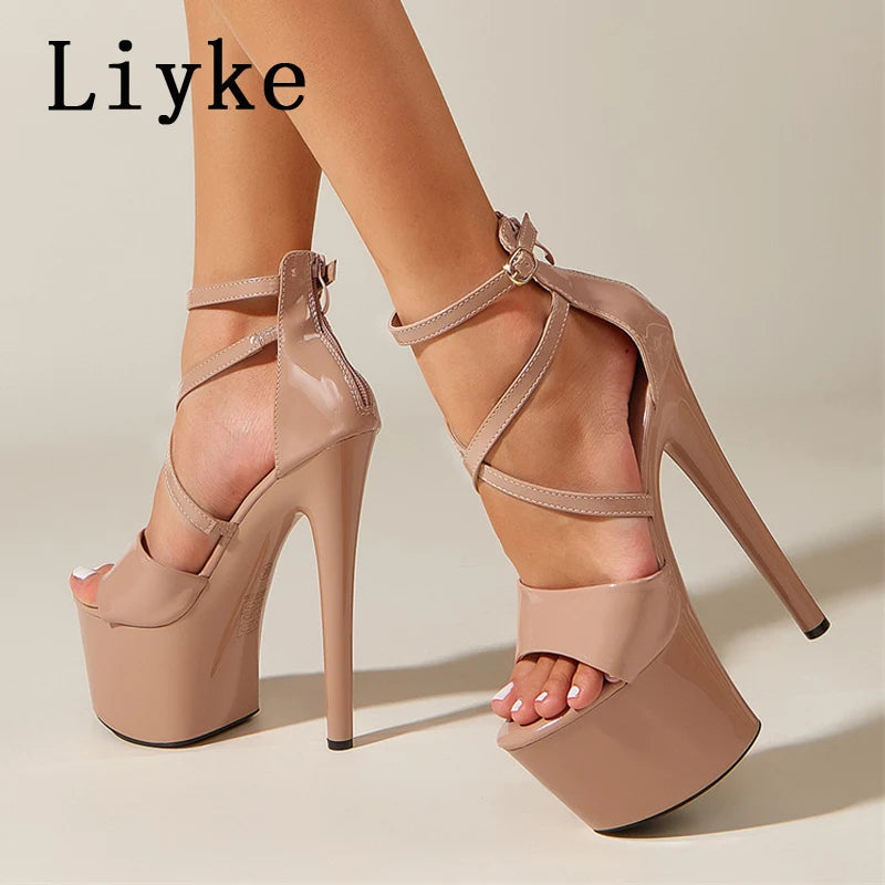 Liyke Fashion Runway Sandalias de plataforma con tiras al tobillo para mujer, de verano, de charol, con punta abierta y cremallera, tacones altos sexis de 17 cm, zapatos de baile en barra