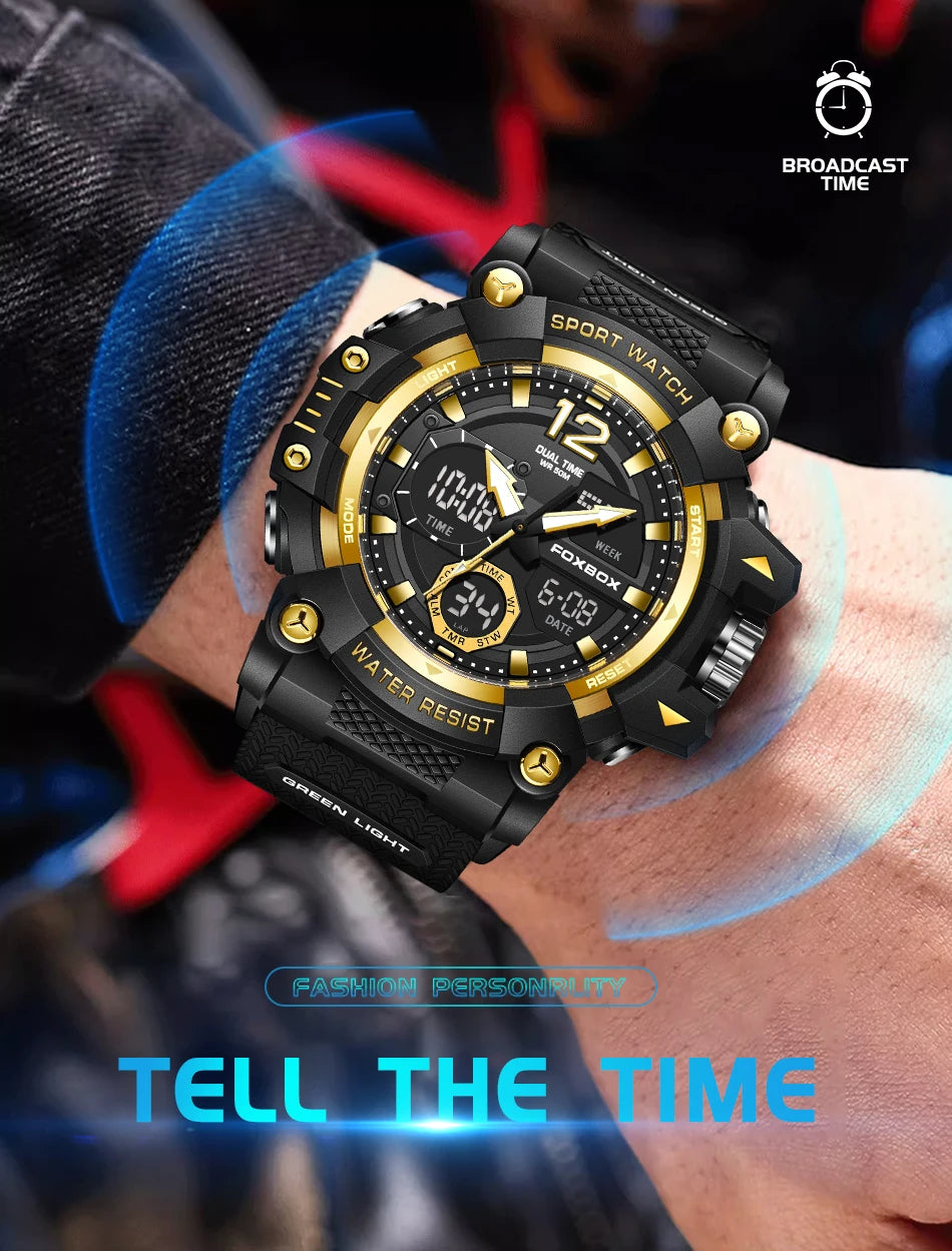 Relojes de pulsera para hombre con pantalla LED de lujo FOXBOX, deportivos, luminosos, impermeables, militares, de cuarzo, para hombre, Relogios Masculino + Caja