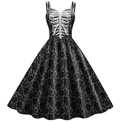 Halloween Costume Skeleton Rose Print Women Girl Female Goth Horror Rockabilly Carnival Fancy Dress Up Party Performance