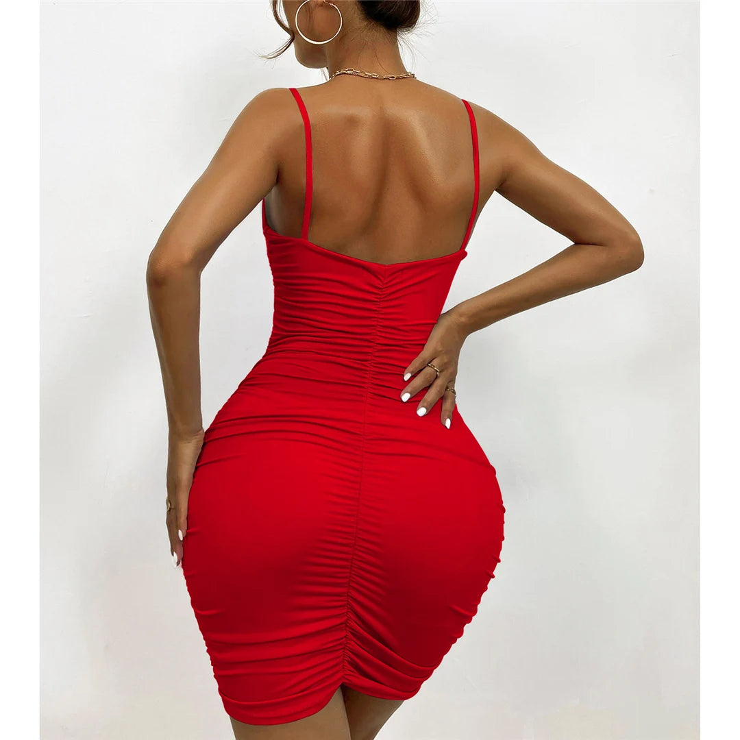 7 Color Sexy Wrinkled Pleated V Neck Sling Dress Short Club Ladies 2025 Summer Bodycon Dress Evening Party Tight Mini Dress D007