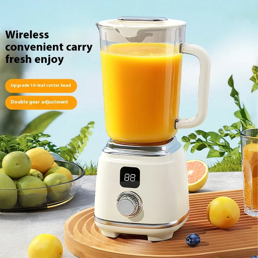 Mini exprimidor de frutas portátil con pantalla LED y carga USB para uso doméstico, ideal para preparar batidos y licuados, jugos recién exprimidos.