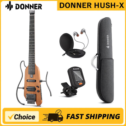 Guitarra acústica de viaje Donner HUSH-X, silenciosa, sin pala, con marcos extraíbles, cuerpo sólido de caoba ultraligero. HUSH X