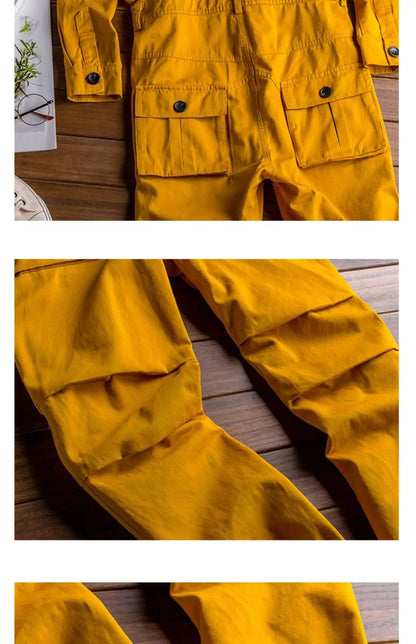 Spring Overalls Men's Jumpsuit Loose Long Sleeve Cotton Cargo Pants Black Yellow Workwear Trousers Working Uniform Rompers
