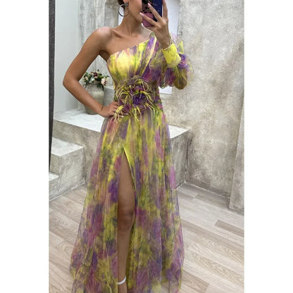 Women's Summer Fashion Casual Dress Slant Neck Off Shoulder Long Sleeve Mesh Dress Flower Waist Split Dress Holiday Party