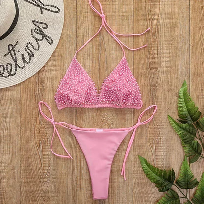 Bikini de lujo con perlas y escote halter, mini bikinis, micro bikinis, traje de baño femenino, conjunto de bikini de dos piezas, traje de baño para mujer