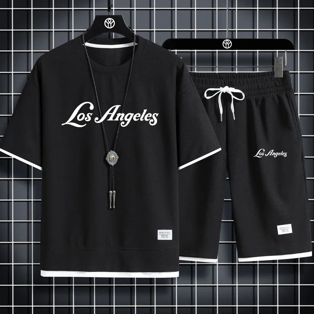 Conjunto de camiseta y pantalones cortos deportivos, conjunto deportivo de verano para hombre, conjunto informal sencillo de manga corta con forma de gofre