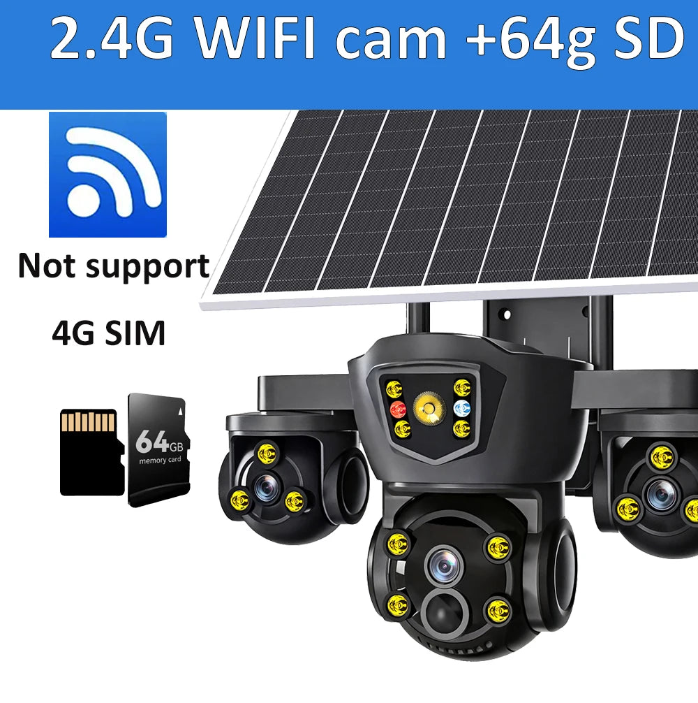 Cámara solar inalámbrica WiFi DIFANG V380 Pro para exteriores con tres pantallas, tarjeta SIM 4G y batería. Sistema de videovigilancia solar con tres lentes y batería.