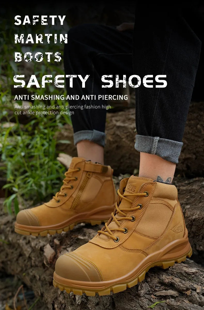 Botas de seguridad de lujo de caña alta en piel de vacuno para hombre, con puntera de acero, protección antiimpactos y antipinchazos, resistentes al desgaste.