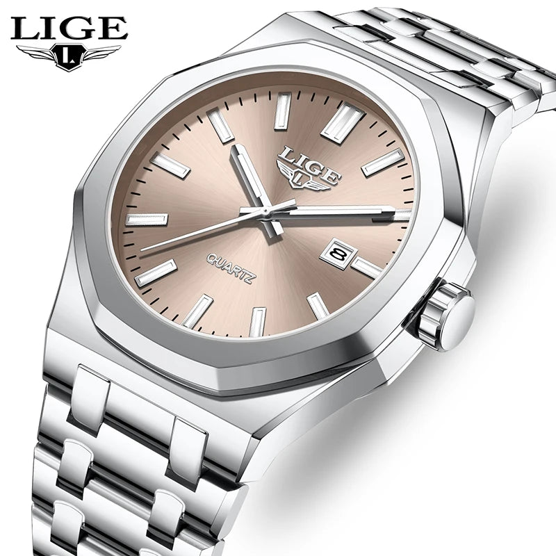Reloj para hombre LIGE, resistente al agua, de acero inoxidable, luminoso, de negocios, de cuarzo, de moda, con calendario