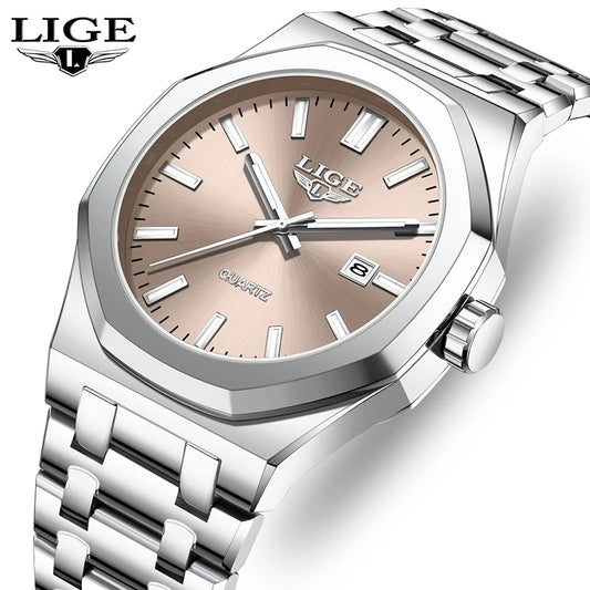 Reloj para hombre LIGE, resistente al agua, de acero inoxidable, luminoso, de negocios, de cuarzo, de moda, con calendario