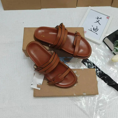 Sandalias planas de tacón grueso para mujer, sin cordones, de piel sintética, con suela de PVC, transpirables, con punta abierta, informales y cómodas.
