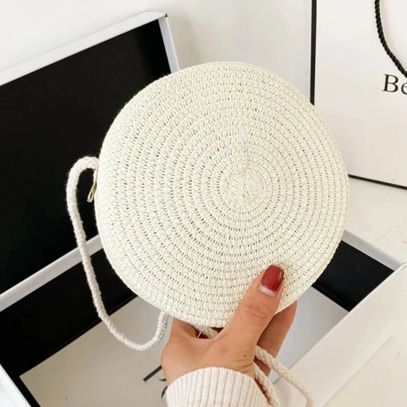 Bolso redondo de paja para mujer, tejido a mano, tipo bandolera, para playa, bonito bolso de mano pequeño de ratán tejido a mano, de color caramelo