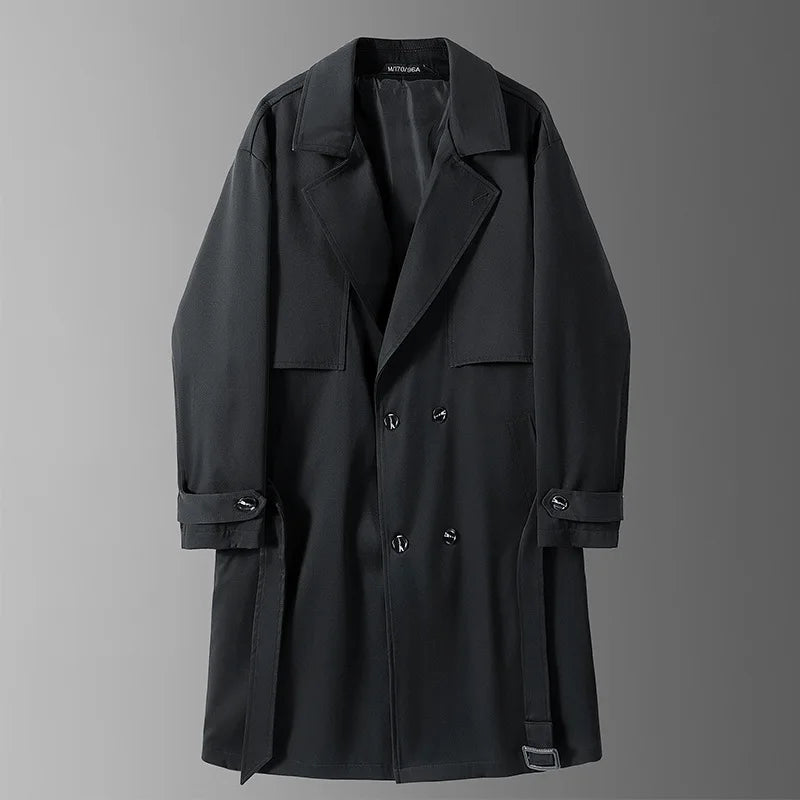 Gabardina larga de hombre, verde militar, corte ajustado, cruzada, con solapa de muesca, cortavientos, ideal para primavera y otoño, estilo casual para actividades al aire libre.