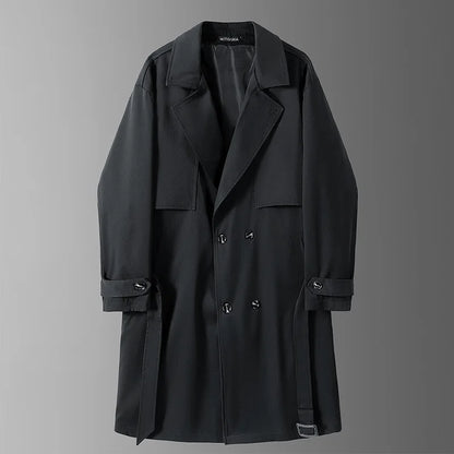 Gabardina larga de hombre, verde militar, corte ajustado, cruzada, con solapa de muesca, cortavientos, ideal para primavera y otoño, estilo casual para actividades al aire libre.