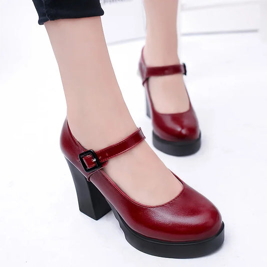 Zapatos de tacón alto para mujer, plataforma, con hebilla y punta redonda, para primavera y verano