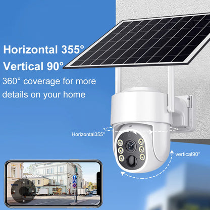 Cámara Tuya de 8 MP con energía solar, conexión wifi, detección humana PIR, visión nocturna, diseño resistente al agua, batería interna de seguridad para exteriores.