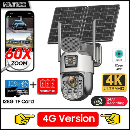 Cámara de seguridad exterior solar 4K con SIM 4G, 2 lentes/pantalla, zoom óptico 60x, seguimiento automático, PTZ 360°, videovigilancia doméstica IP.
