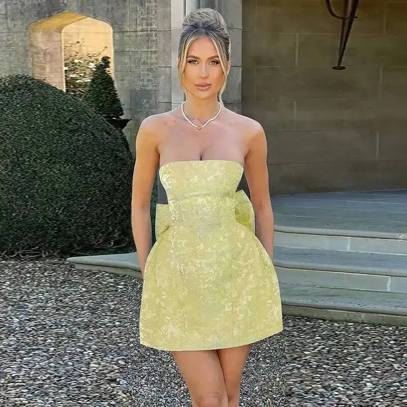 Townlike Jacquard Waist Wrap A-line Dress Women Mini 2024 Spring Summer Dress Elegant Bow Backless Sexy Party Dresses