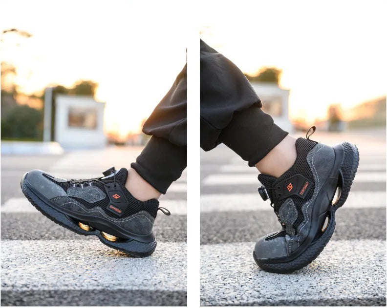 Zapatos de seguridad de trabajo con botón giratorio para hombres y mujeres, zapatos con puntera de acero, botas de seguridad indestructibles, zapatillas de trabajo protectoras ligeras.