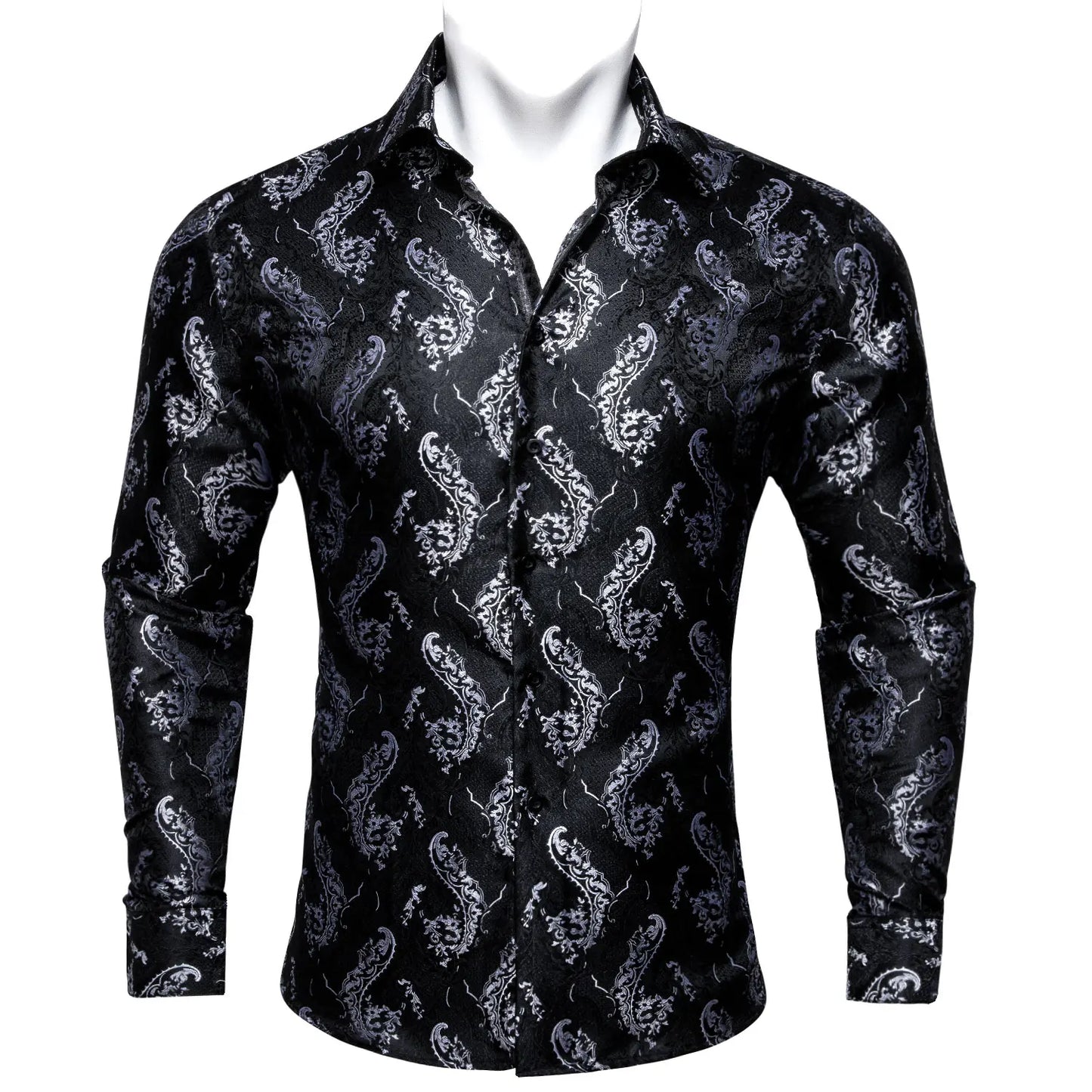 Camisas clásicas negras estampadas y bordadas para hombre, solapa de seda, manga larga, corte formal exquisito, ideales para eventos de negocios y fiestas. Barry.Wang CY-0407