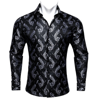 Camisas clásicas negras estampadas y bordadas para hombre, solapa de seda, manga larga, corte formal exquisito, ideales para eventos de negocios y fiestas. Barry.Wang CY-0407