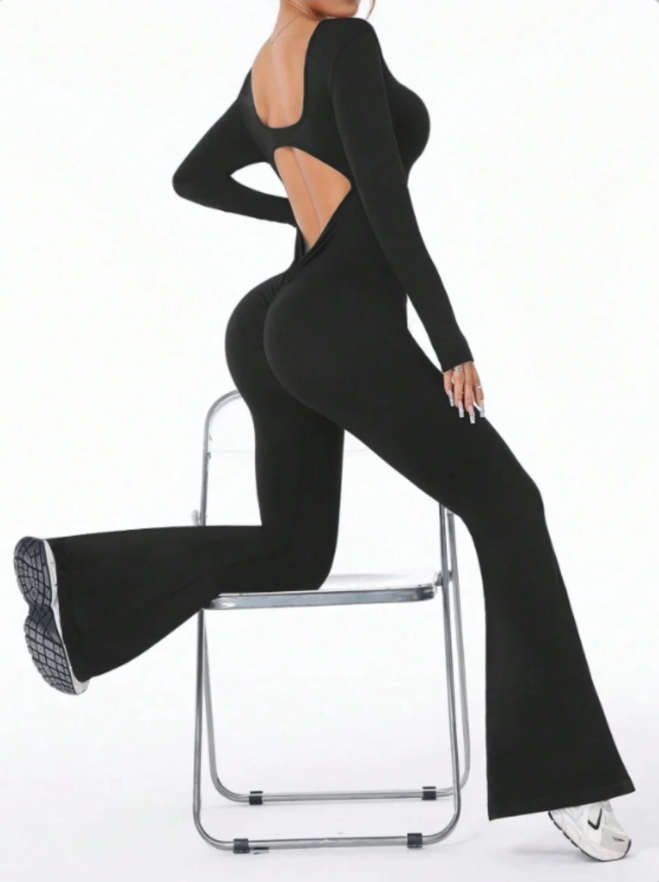 Mono deportivo de compresión de manga larga de color sólido de alta calidad para mujer, pantalones acampanados, conjunto de yoga sexy con efecto push up