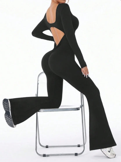 Mono deportivo de compresión de manga larga de color sólido de alta calidad para mujer, pantalones acampanados, conjunto de yoga sexy con efecto push up