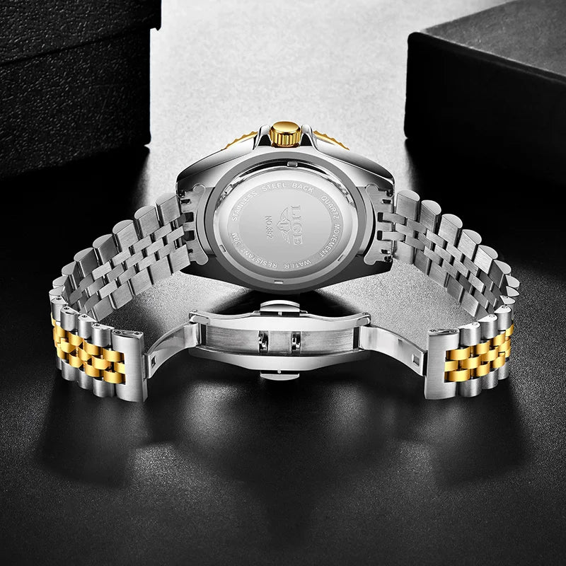 Reloj de lujo LIGE para hombre, reloj de cuarzo con esfera engastada de diamantes, resistente al agua, calendario, mariposa, doble cierre, acero inoxidable.