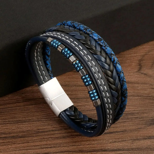 Brazalete punk multicapa de acero inoxidable, pulsera de cuero de alta calidad para hombres y mujeres, nuevo diseño de moda, joyería trenzada para mano masculina.