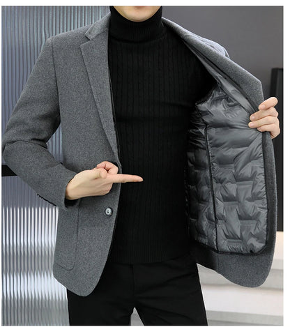 Slim Fit Detachable Down Liner Men's Woolen Coat High Quality 2025 Autumn Winter Casual Solid Color Short Style Warm Wool Jacket