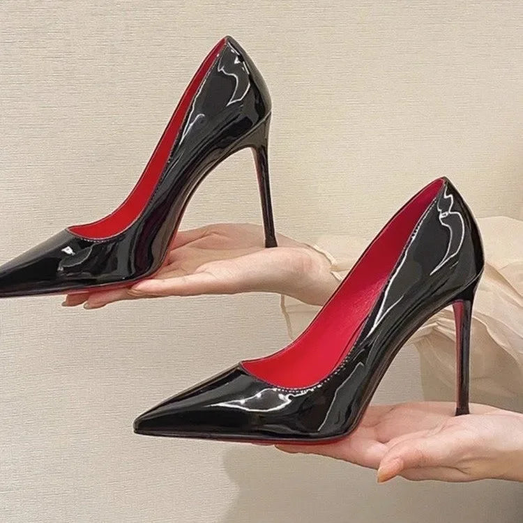Zapatos de tacón alto con suela roja y charol negro, puntera puntiaguda, sin cordones, tacón fino, sexys, para discoteca, trabajo, temporada de verano.