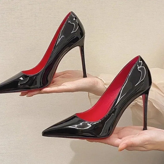 Zapatos de tacón alto con suela roja y charol negro, puntera puntiaguda, sin cordones, tacón fino, sexys, para discoteca, trabajo, temporada de verano.