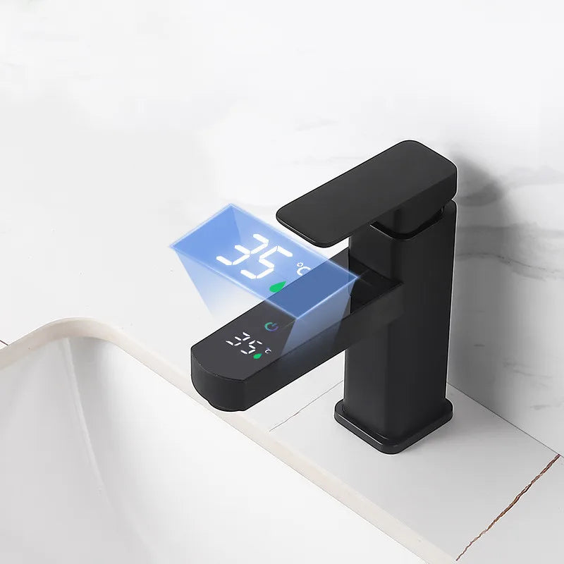 Grifo mezclador digital de temperatura KKTNSG LED para lavabo, con instalación sobre encimera y grifo para agua fría y caliente.