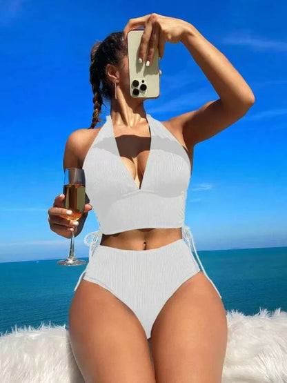 Conjunto de bikini de verano 2025 para mujer, traje de baño de dos piezas con cuello halter de color liso, traje de baño de secado rápido, conjunto de bikini con corsé para vacaciones, ropa de playa