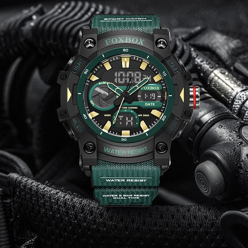 FOXBOX TOP Relojes para hombre, reloj de pulsera de cuarzo, resistente al agua, con pantalla de doble horario, reloj militar para hombre, reloj para hombre + CAJA