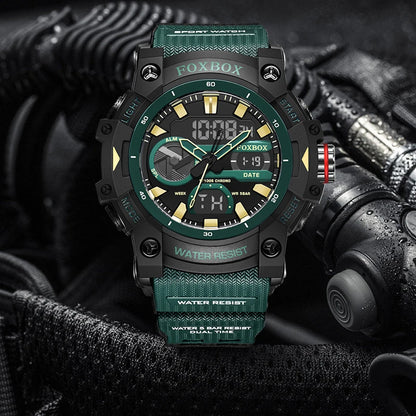 FOXBOX TOP Relojes para hombre, reloj de pulsera de cuarzo, resistente al agua, con pantalla de doble horario, reloj militar para hombre, reloj para hombre + CAJA
