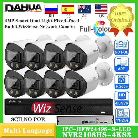 Dahua 8PCS IPC-HFW2449S-S-LED 4MP Full-Color WizSense Cámara IP PoE Micrófono Integrado SMD+ Kit de Monitor NVR2108HS-4KS3 de 8 canales y 8 PoE
