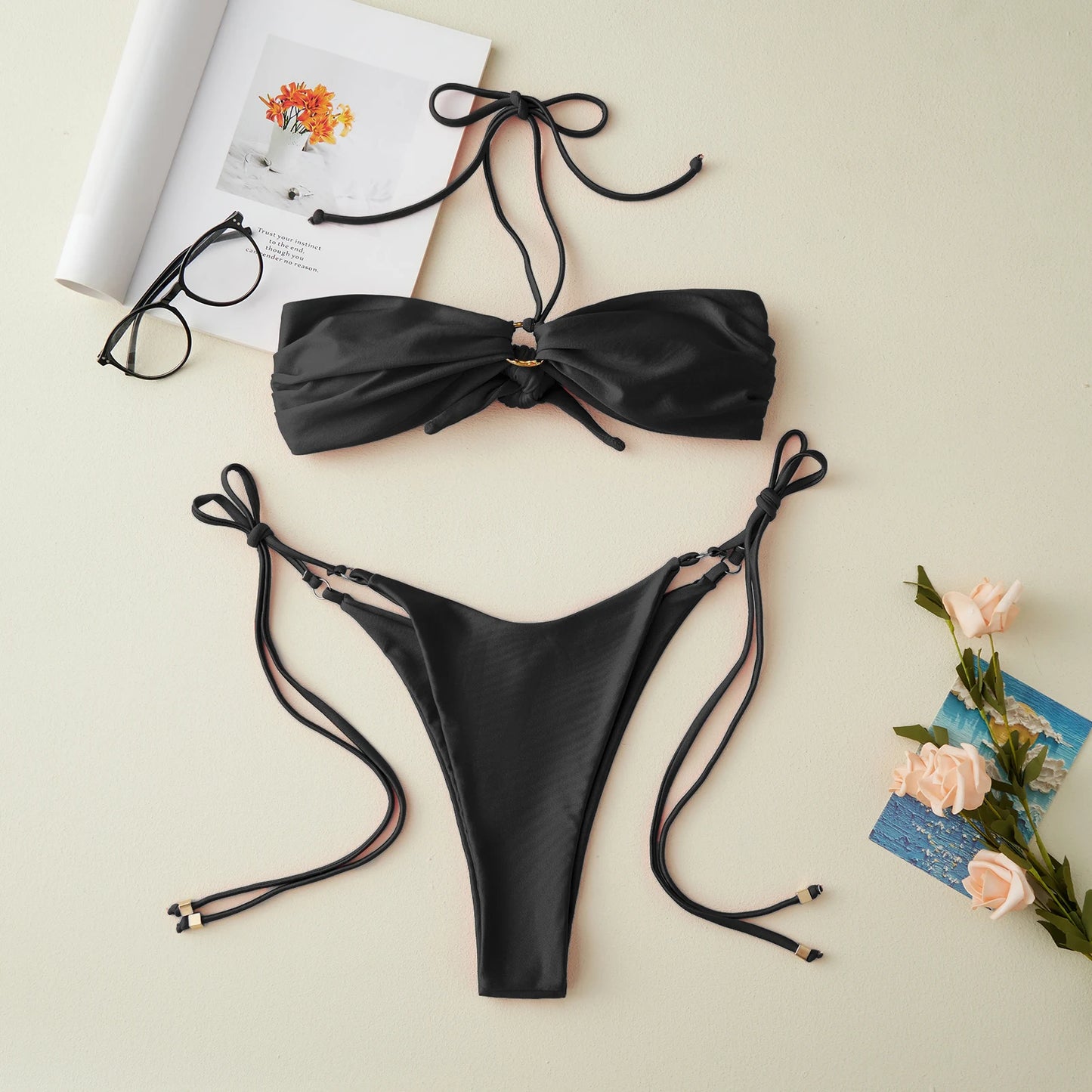 2025 Women's Patchwork Summer Bikini Set Solid Color Metal Ring Strapless Bra with Tie-up Low Waist Shorts 2 Pcs Swimsuit