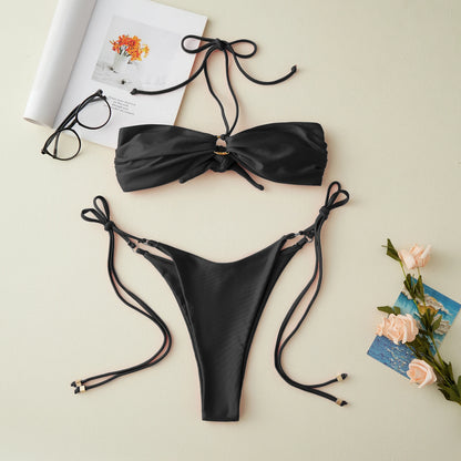 2025 Women's Patchwork Summer Bikini Set Solid Color Metal Ring Strapless Bra with Tie-up Low Waist Shorts 2 Pcs Swimsuit