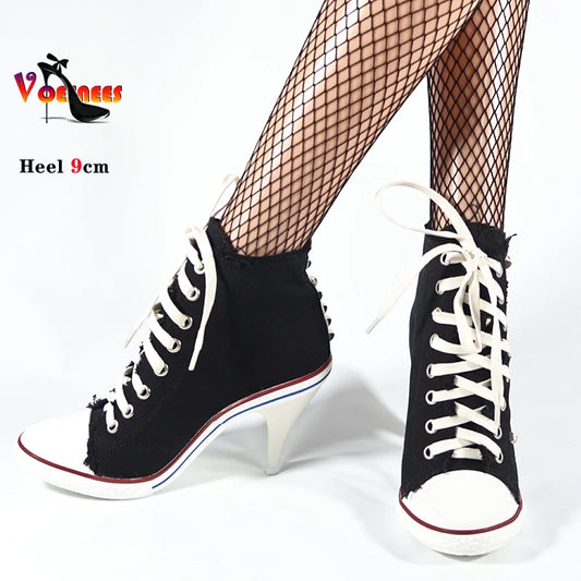 Botas cortas de mezclilla para mujer, botines con tachuelas y tacones altos, botas de mujer con remaches, tacones altos finos con cordones, zapatos de mezclilla
