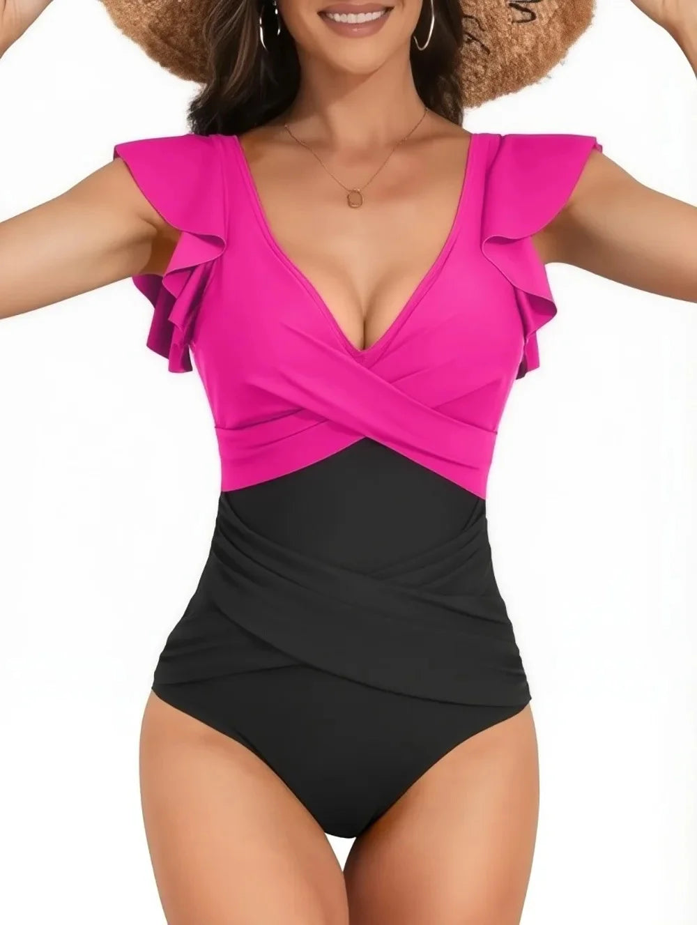 Traje de baño de una pieza para mujer con diseño cruzado y ribetes de hojas que cubren el vientre. Nuevo modelo de gran oferta de la temporada, procedente de China continental.