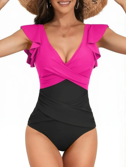 Traje de baño de una pieza para mujer con diseño cruzado y ribetes de hojas que cubren el vientre. Nuevo modelo de gran oferta de la temporada, procedente de China continental.
