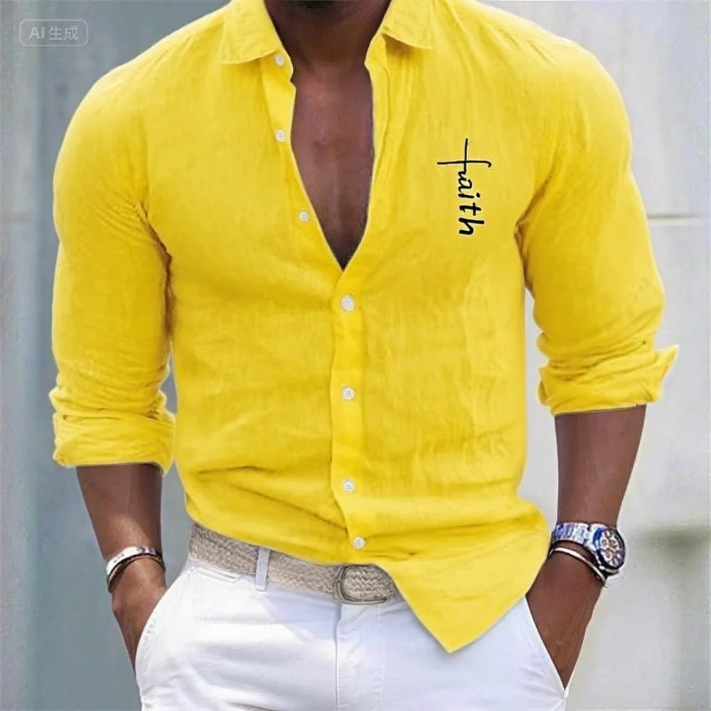 Camisa de lino para hombre, informal, hawaiana, de manga larga, con solapa, para vacaciones, primavera y otoño, con botones, tallas XS-6XL