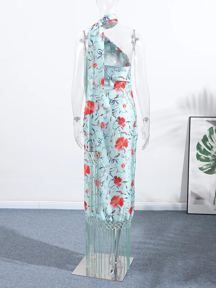 Vestidos elegantes de una pieza para mujer, sin mangas, con cuello tipo bufanda, espalda descubierta, estampado y borlas.